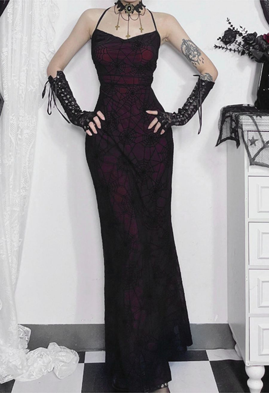 Spider Web Lace-Up Back Mesh Halter Dress