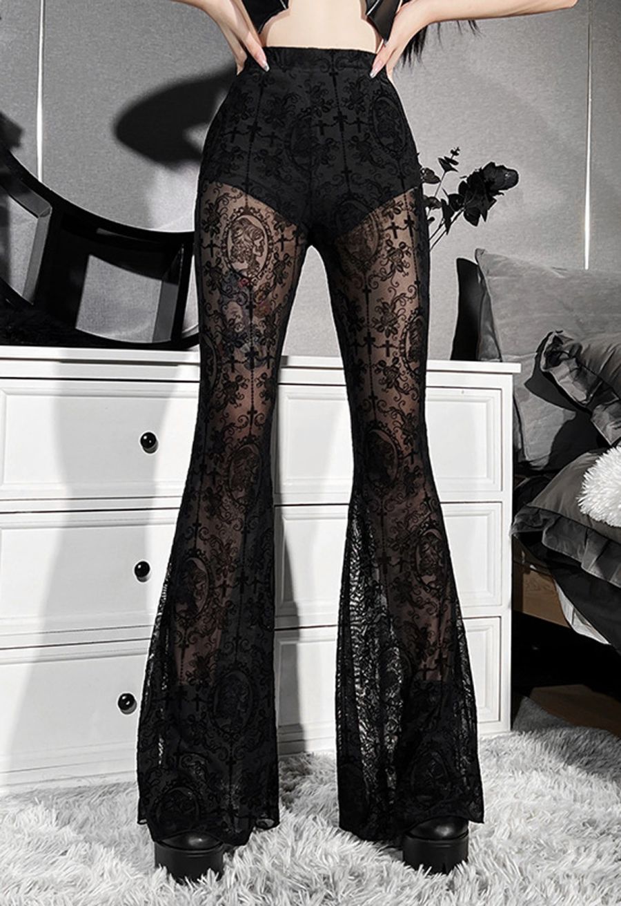 Gothic Rose Cross Sheer Mesh Flared Pants