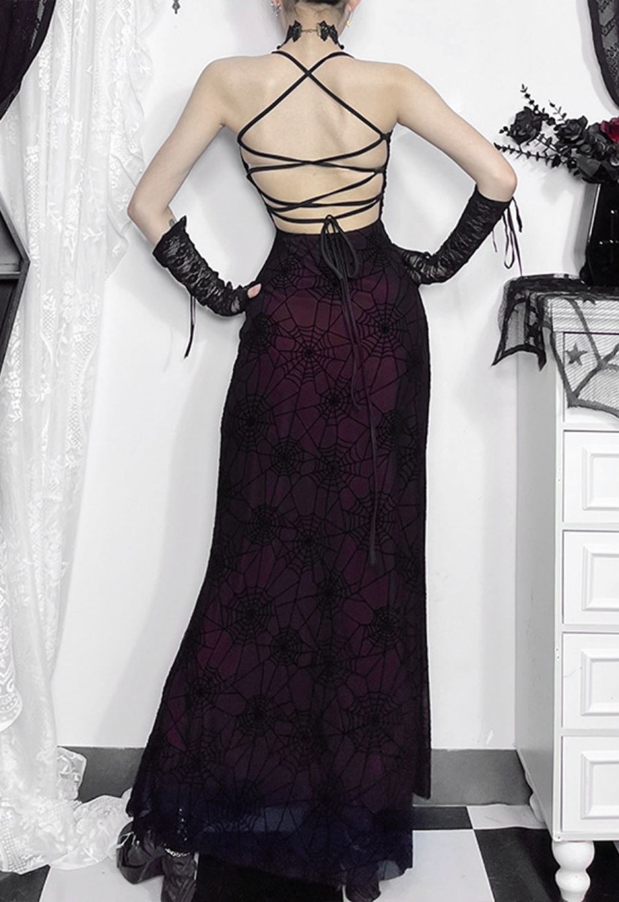 Spider Web Lace-Up Back Mesh Halter Dress
