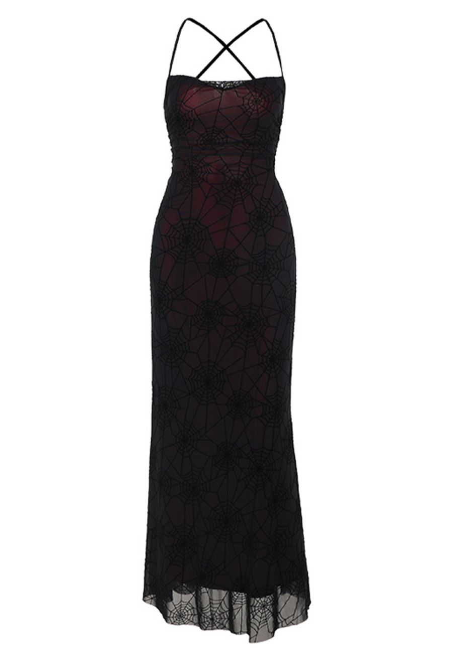 Spider Web Lace-Up Back Mesh Halter Dress