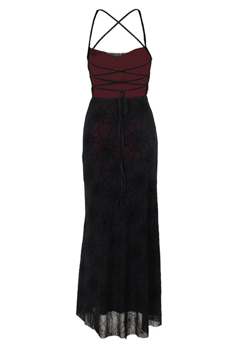 Spider Web Lace-Up Back Mesh Halter Dress