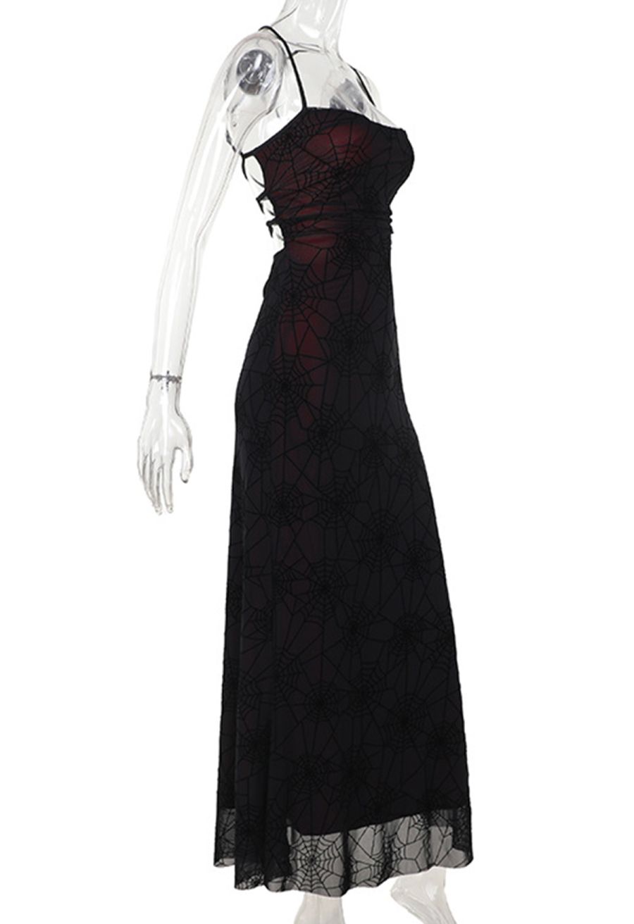 Spider Web Lace-Up Back Mesh Halter Dress