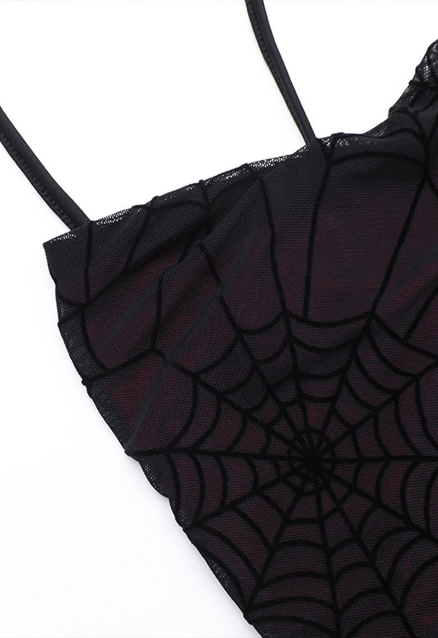 Spider Web Lace-Up Back Mesh Halter Dress