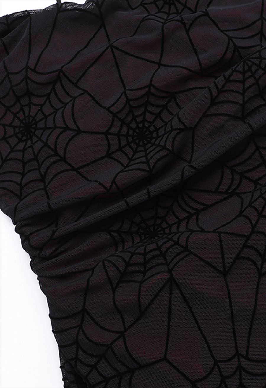 Spider Web Lace-Up Back Mesh Halter Dress