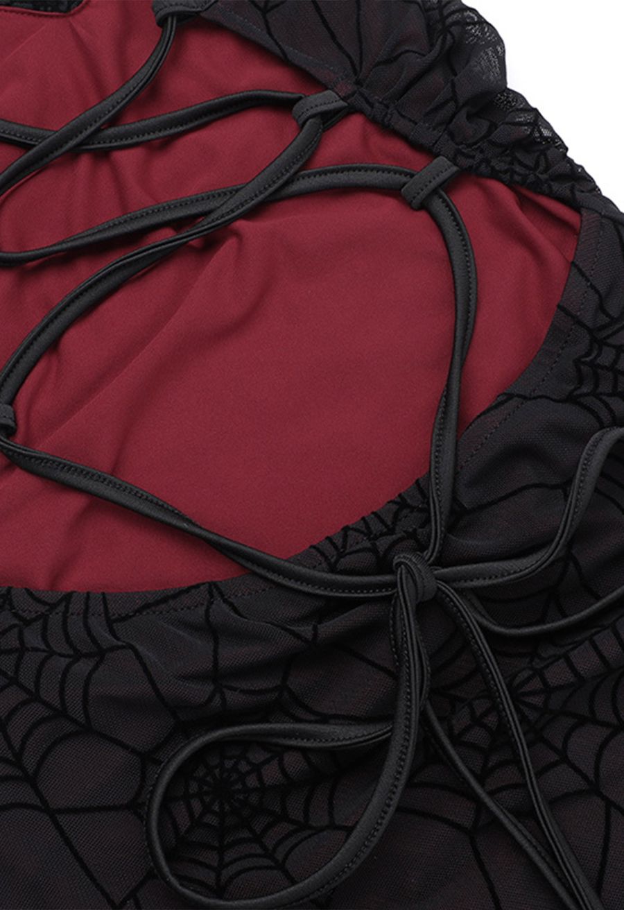 Spider Web Lace-Up Back Mesh Halter Dress