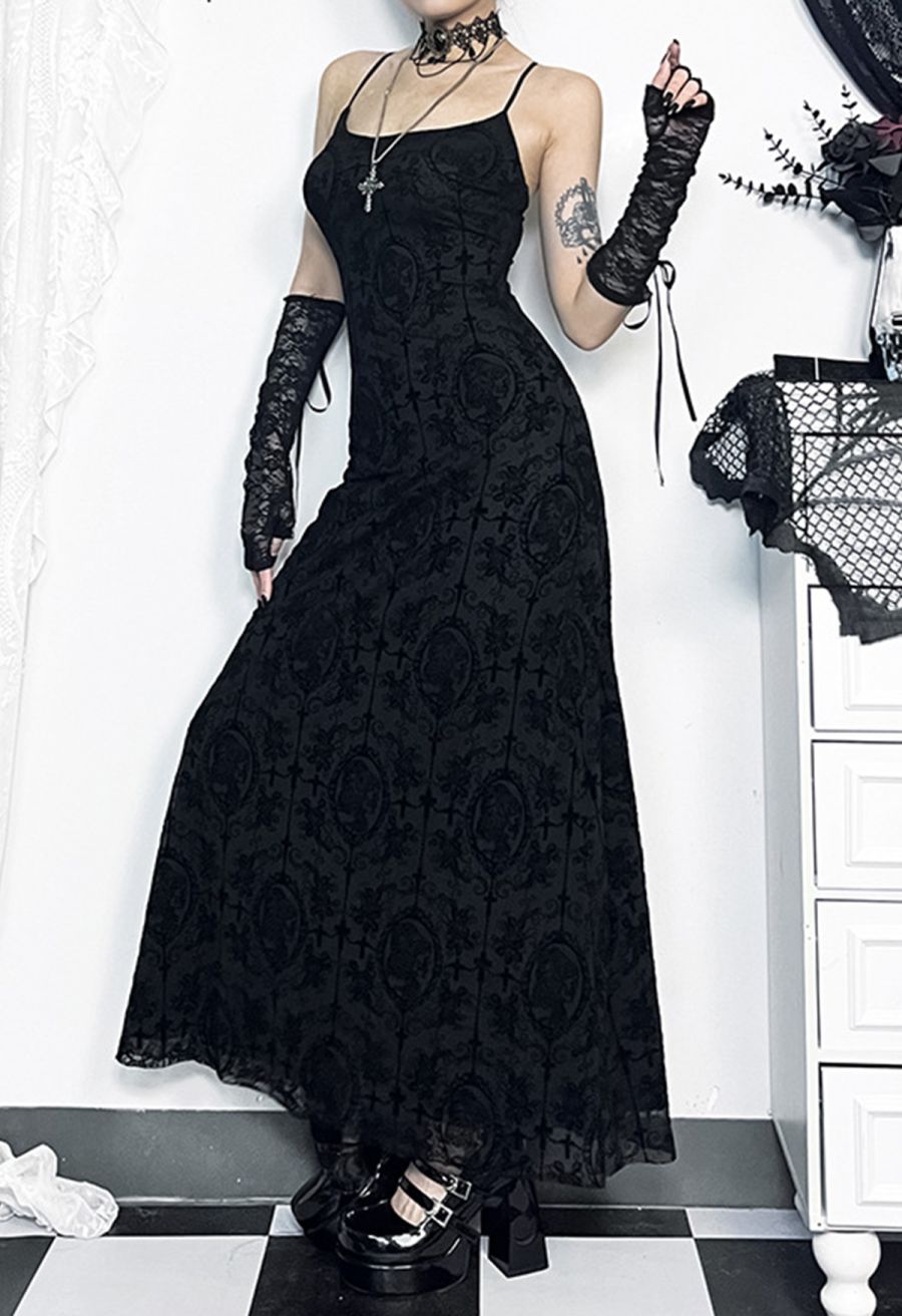 Gloomy Botanical Cross Motifs Mesh Cami Dress