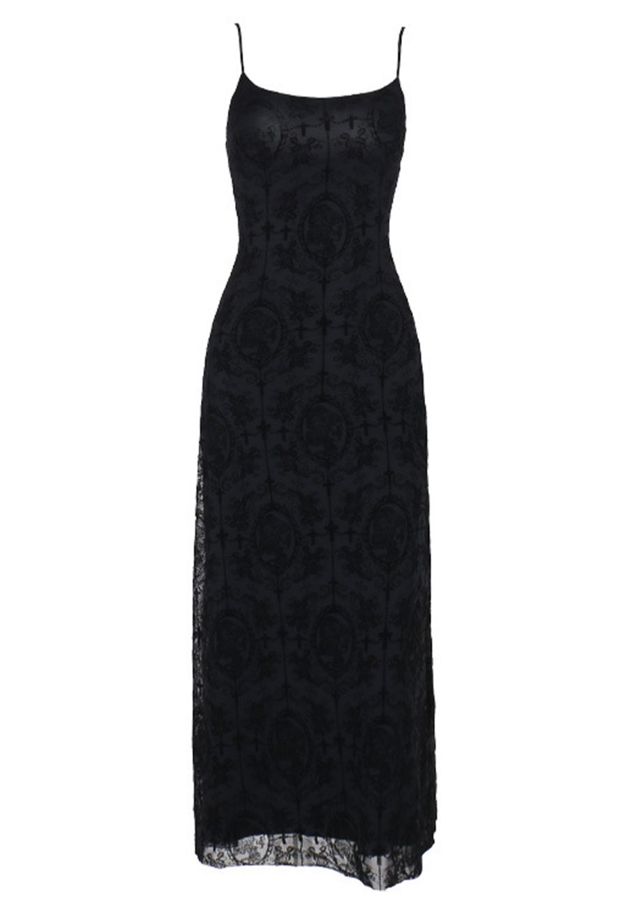 Gloomy Botanical Cross Motifs Mesh Cami Dress