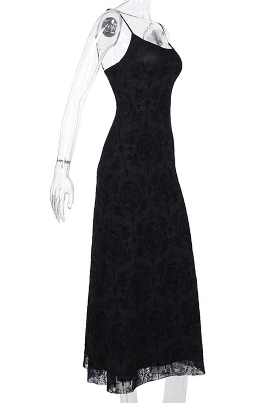 Gloomy Botanical Cross Motifs Mesh Cami Dress