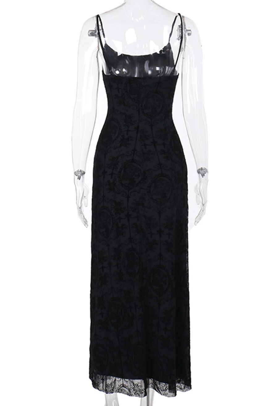 Gloomy Botanical Cross Motifs Mesh Cami Dress