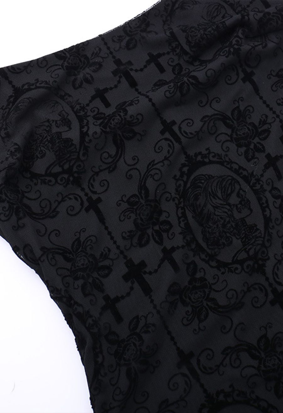Gloomy Botanical Cross Motifs Mesh Cami Dress