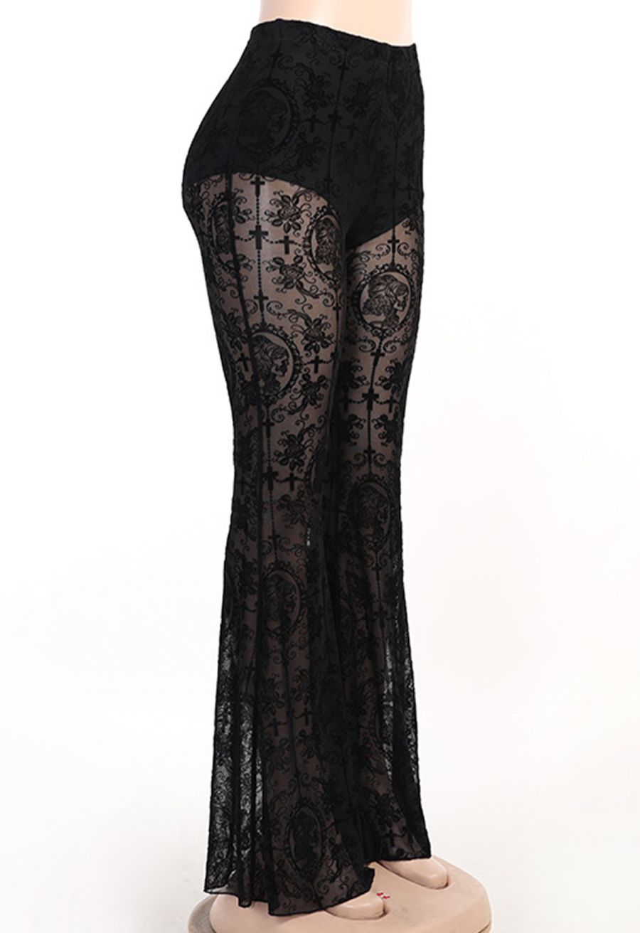 Gothic Rose Cross Sheer Mesh Flared Pants