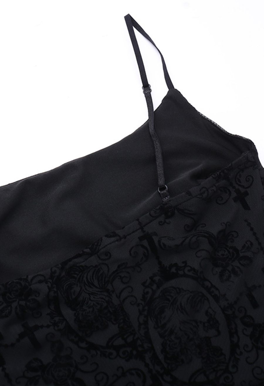 Gloomy Botanical Cross Motifs Mesh Cami Dress