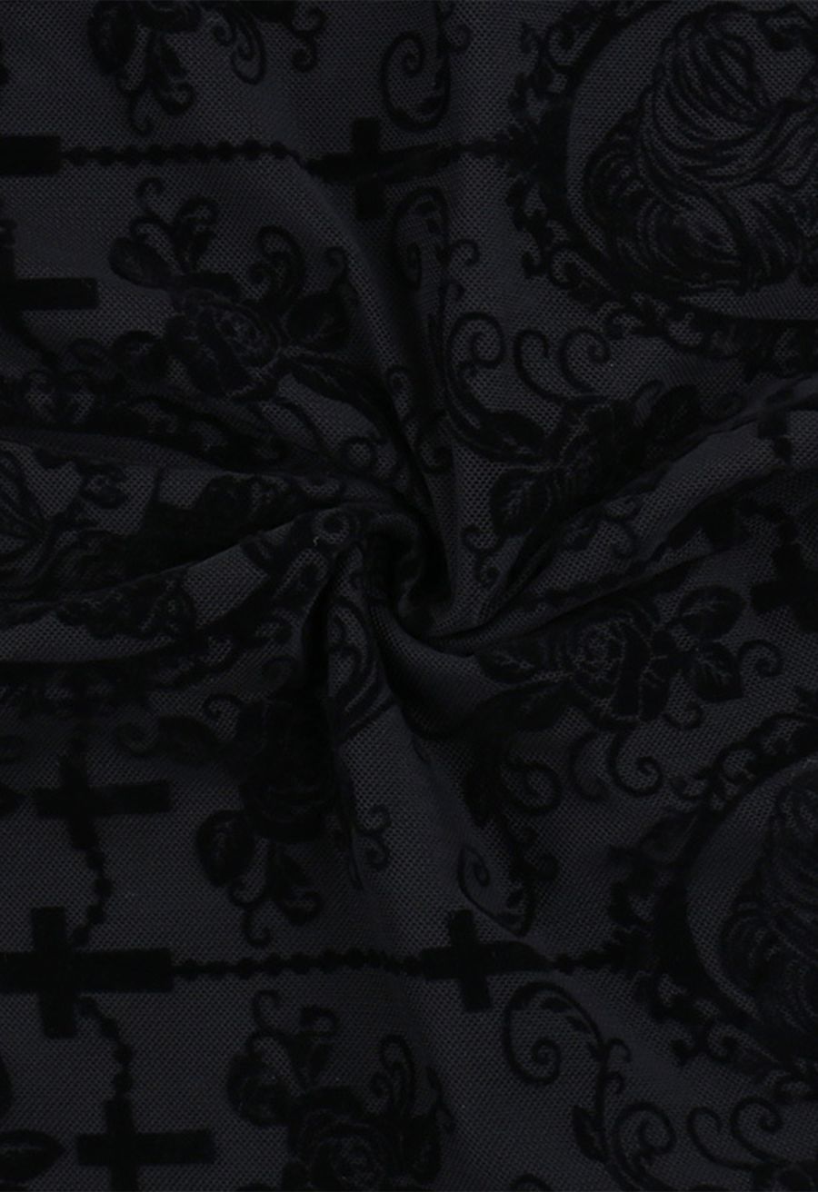 Gloomy Botanical Cross Motifs Mesh Cami Dress