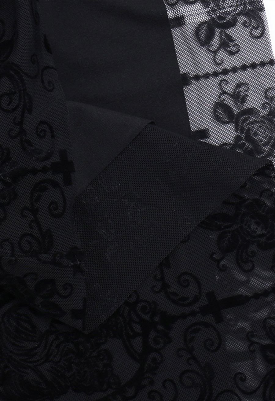Gloomy Botanical Cross Motifs Mesh Cami Dress
