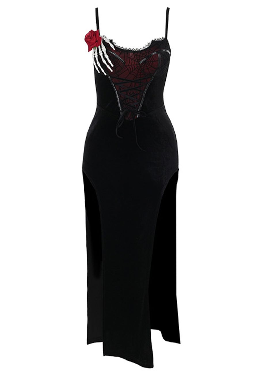 Gothic Spider Web Spliced Velvet Slit Dress