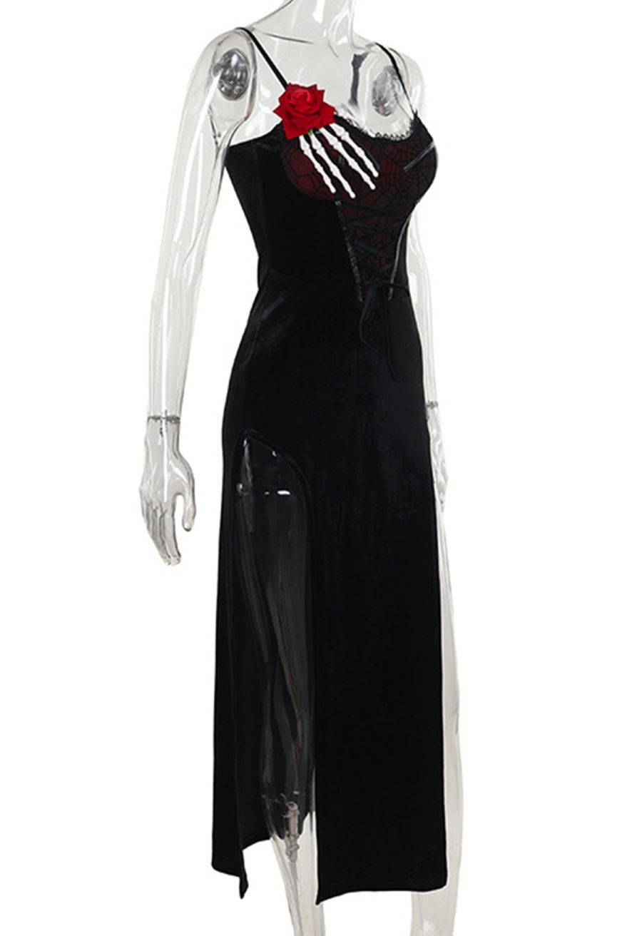Gothic Spider Web Spliced Velvet Slit Dress