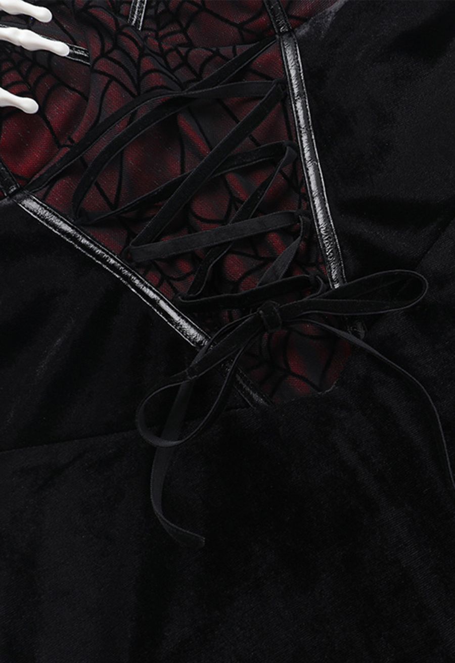 Gothic Spider Web Spliced Velvet Slit Dress