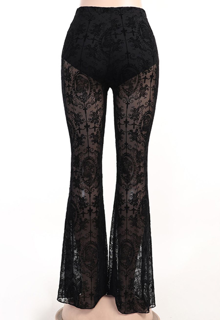 Gothic Rose Cross Sheer Mesh Flared Pants