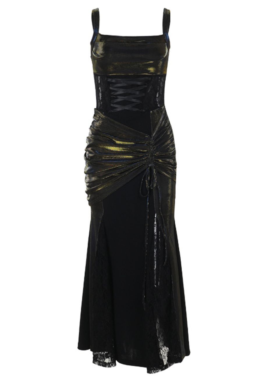 Dark Elegance Lace-Up Velvet Mesh Spliced Cami Dress