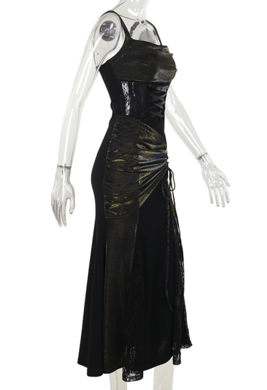 Dark Elegance Lace-Up Velvet Mesh Spliced Cami Dress