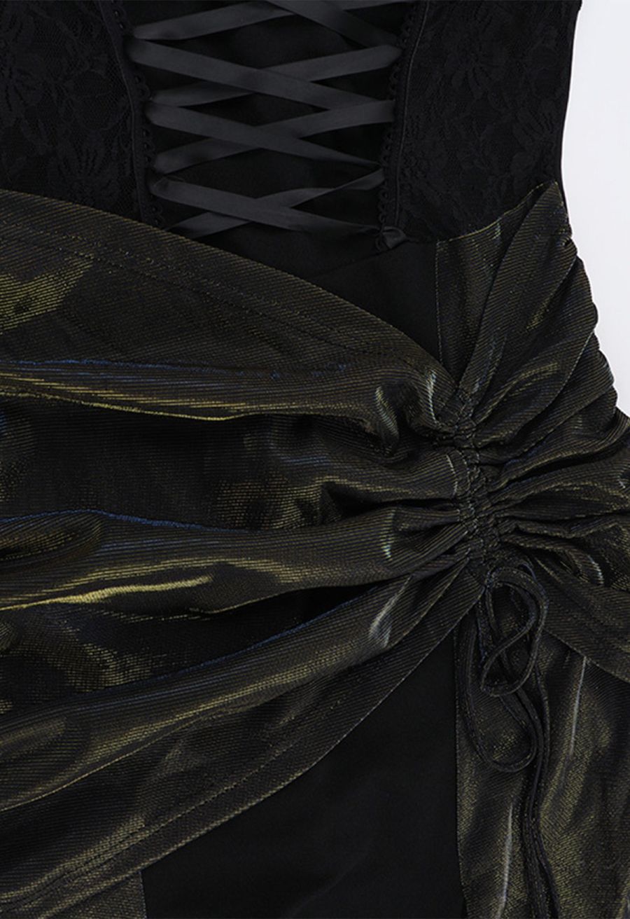 Dark Elegance Lace-Up Velvet Mesh Spliced Cami Dress