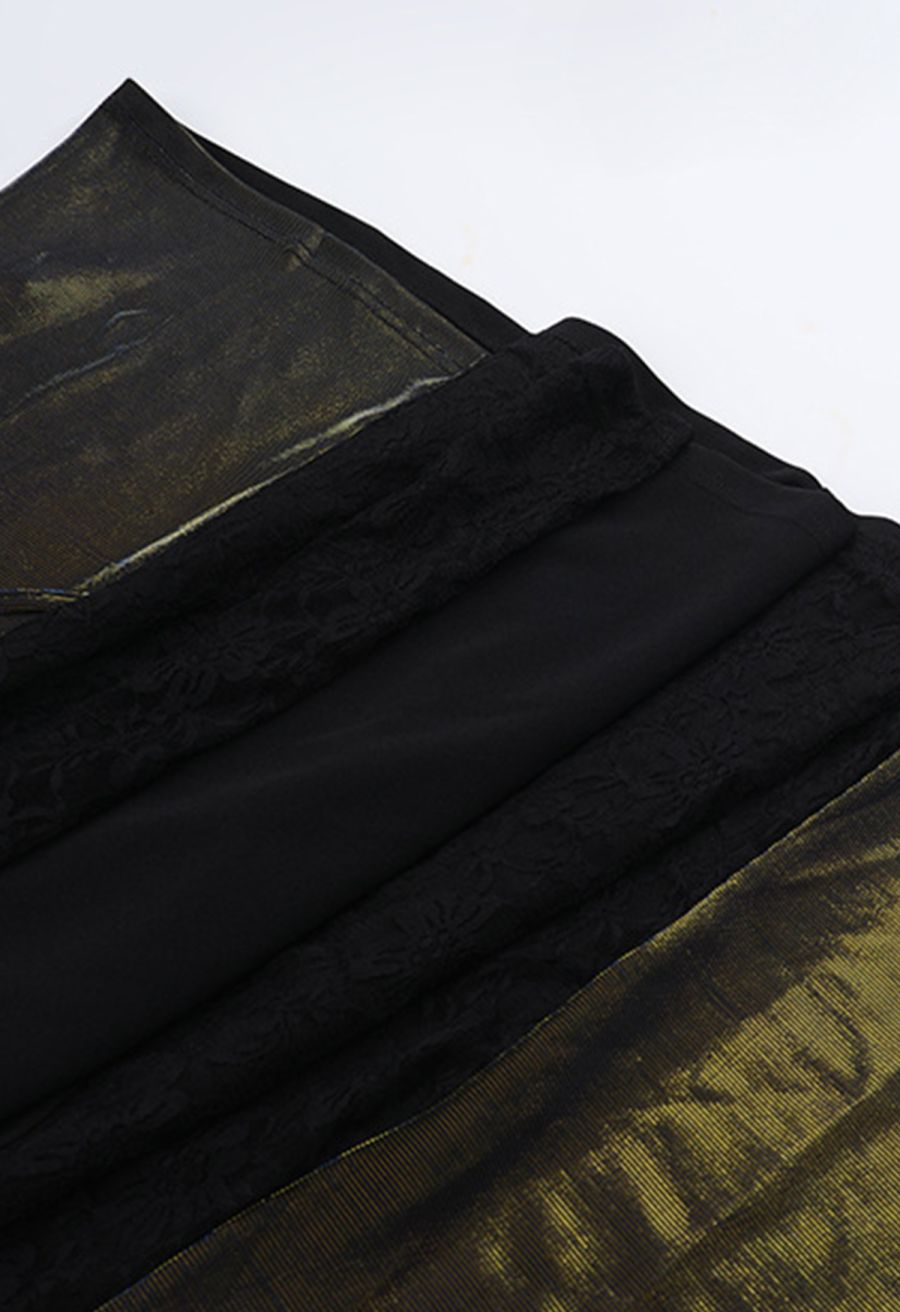 Dark Elegance Lace-Up Velvet Mesh Spliced Cami Dress