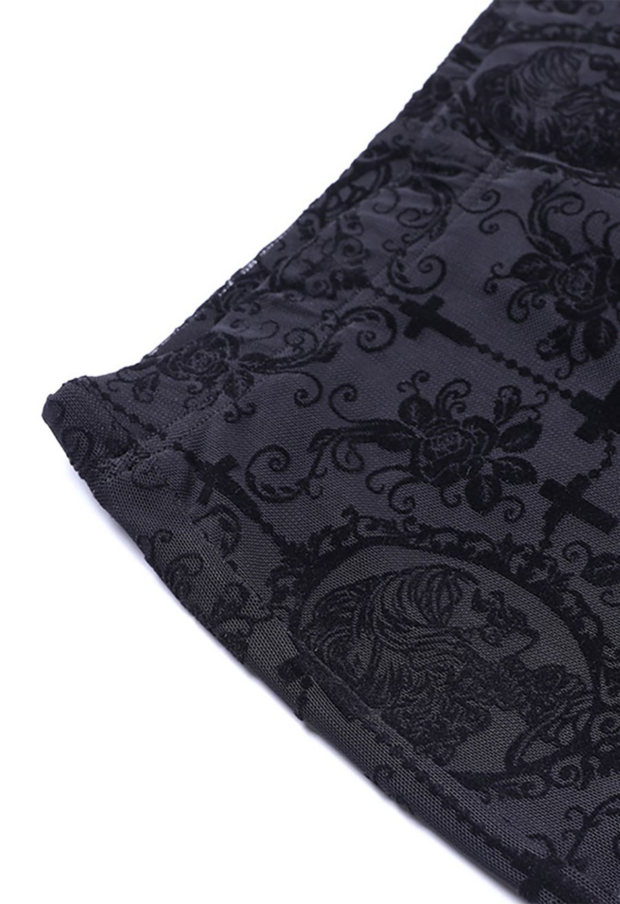 Gothic Rose Cross Sheer Mesh Flared Pants