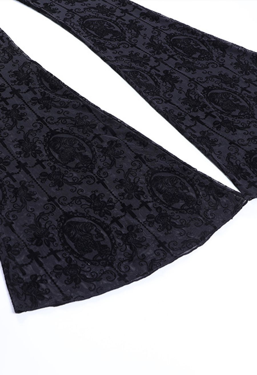 Gothic Rose Cross Sheer Mesh Flared Pants