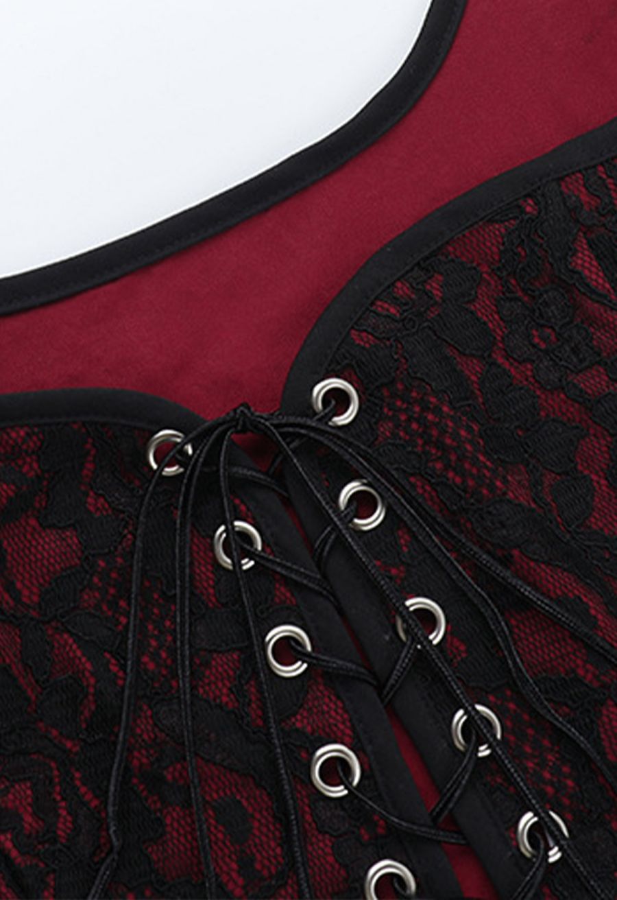 Floral Embroidered Lace-Up Front Corset Top