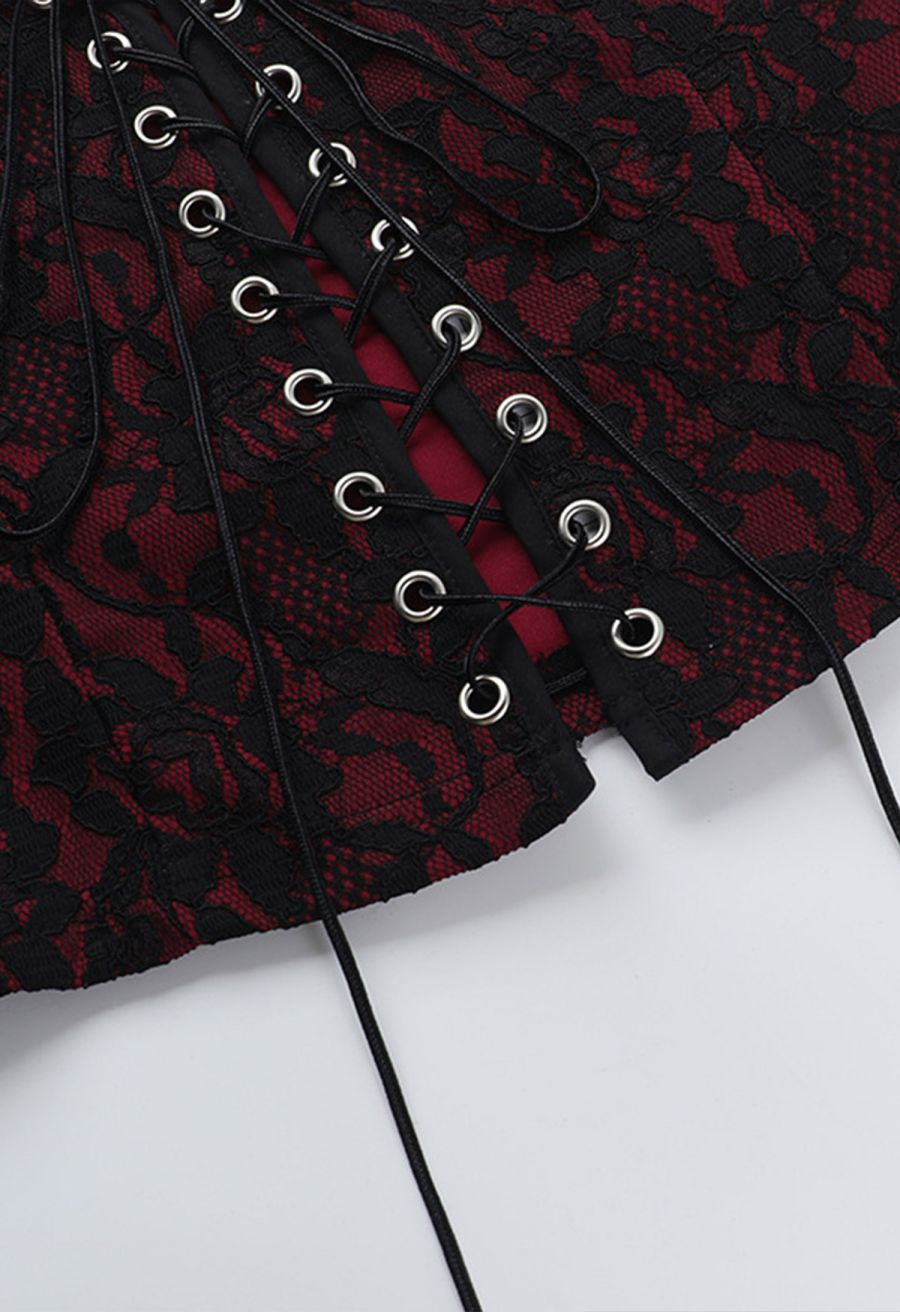 Floral Embroidered Lace-Up Front Corset Top