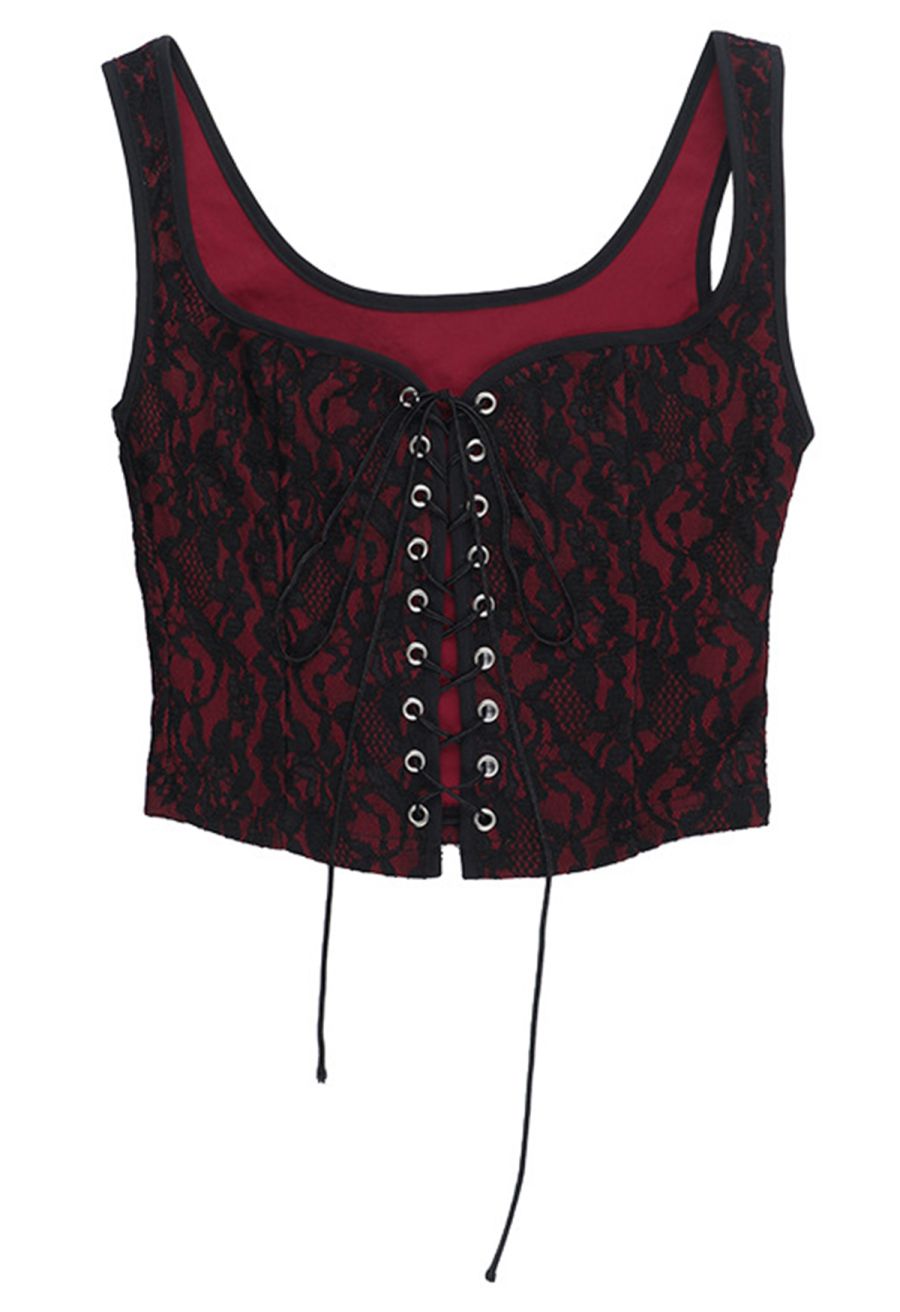 Floral Embroidered Lace-Up Front Corset Top