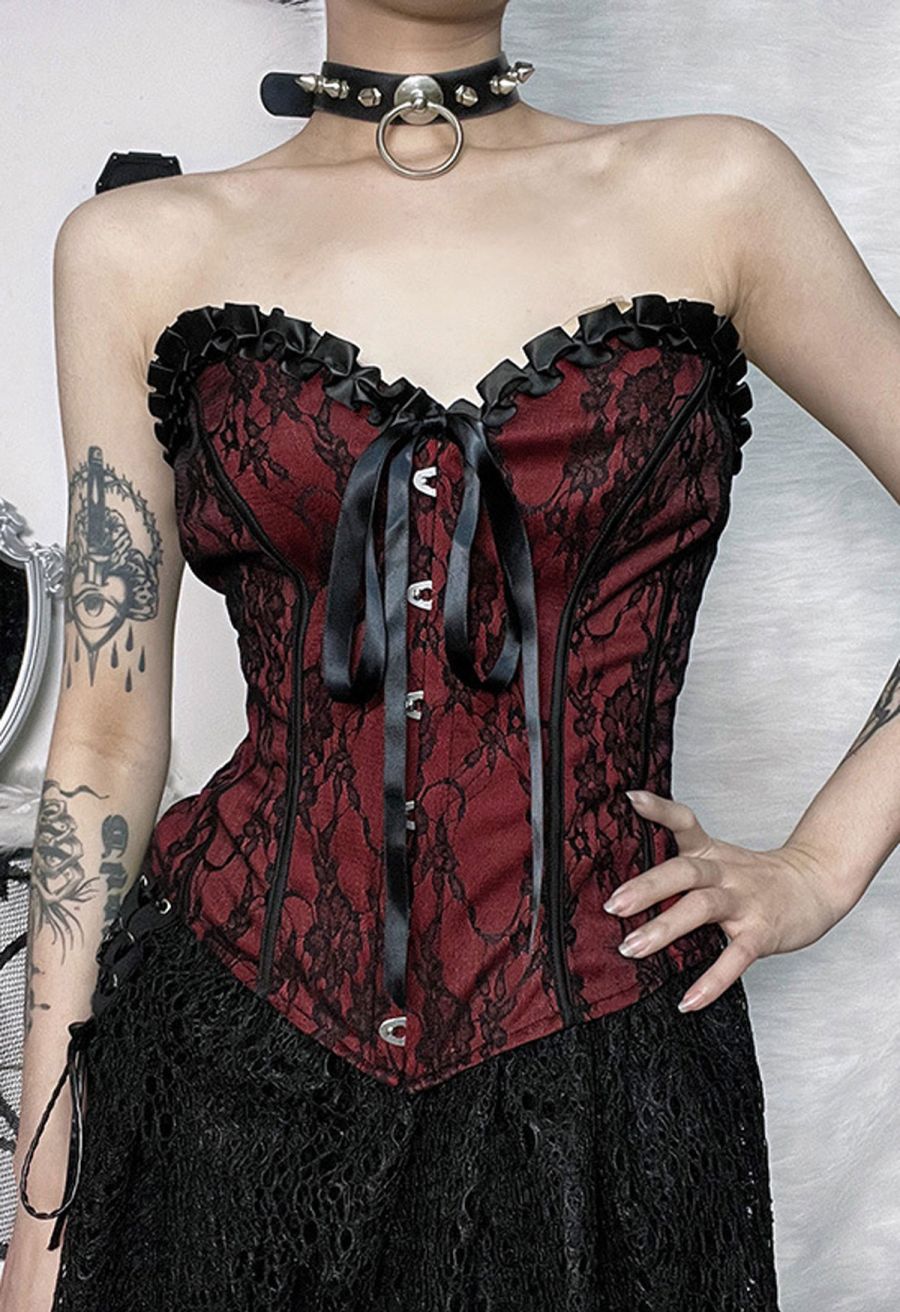Floral Lace Ruffle Trim Strapless Corset Top