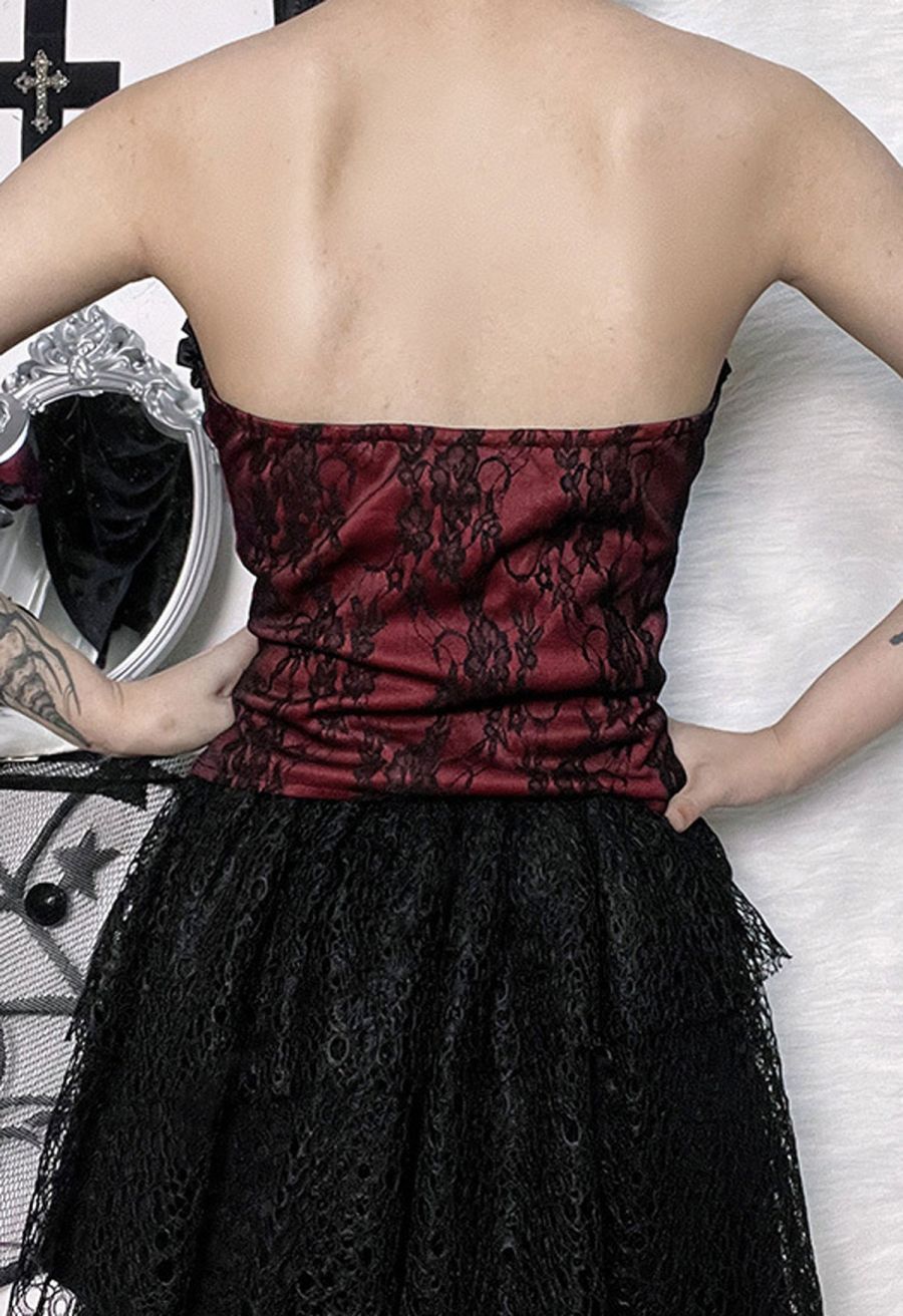 Floral Lace Ruffle Trim Strapless Corset Top