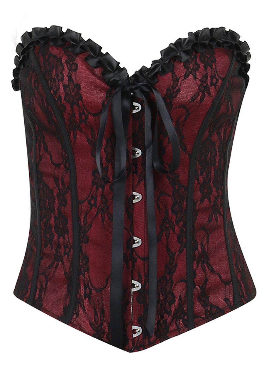 Floral Lace Ruffle Trim Strapless Corset Top