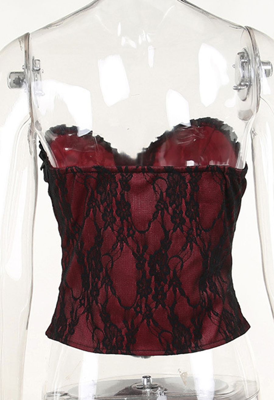 Floral Lace Ruffle Trim Strapless Corset Top
