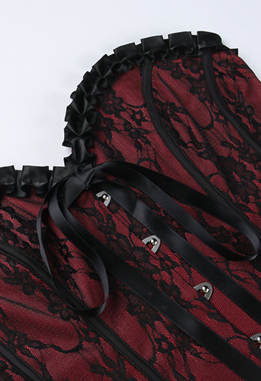 Floral Lace Ruffle Trim Strapless Corset Top