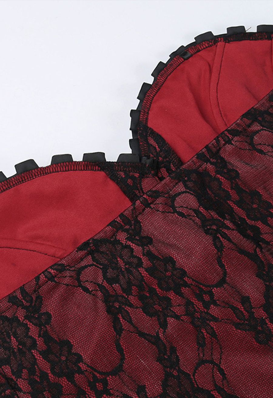 Floral Lace Ruffle Trim Strapless Corset Top