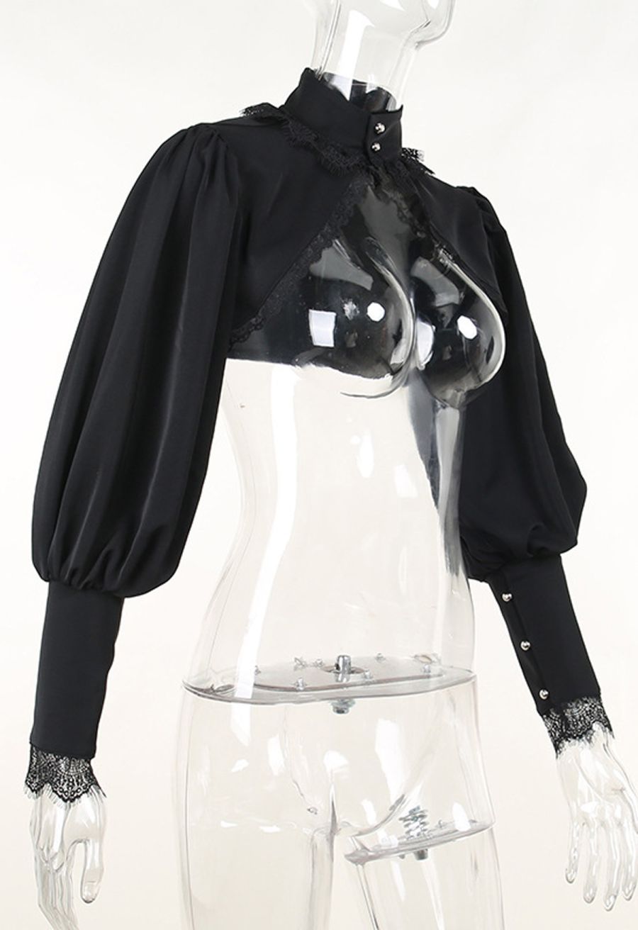 Lace-Trimmed Puff Sleeve Gothic Shrug Top