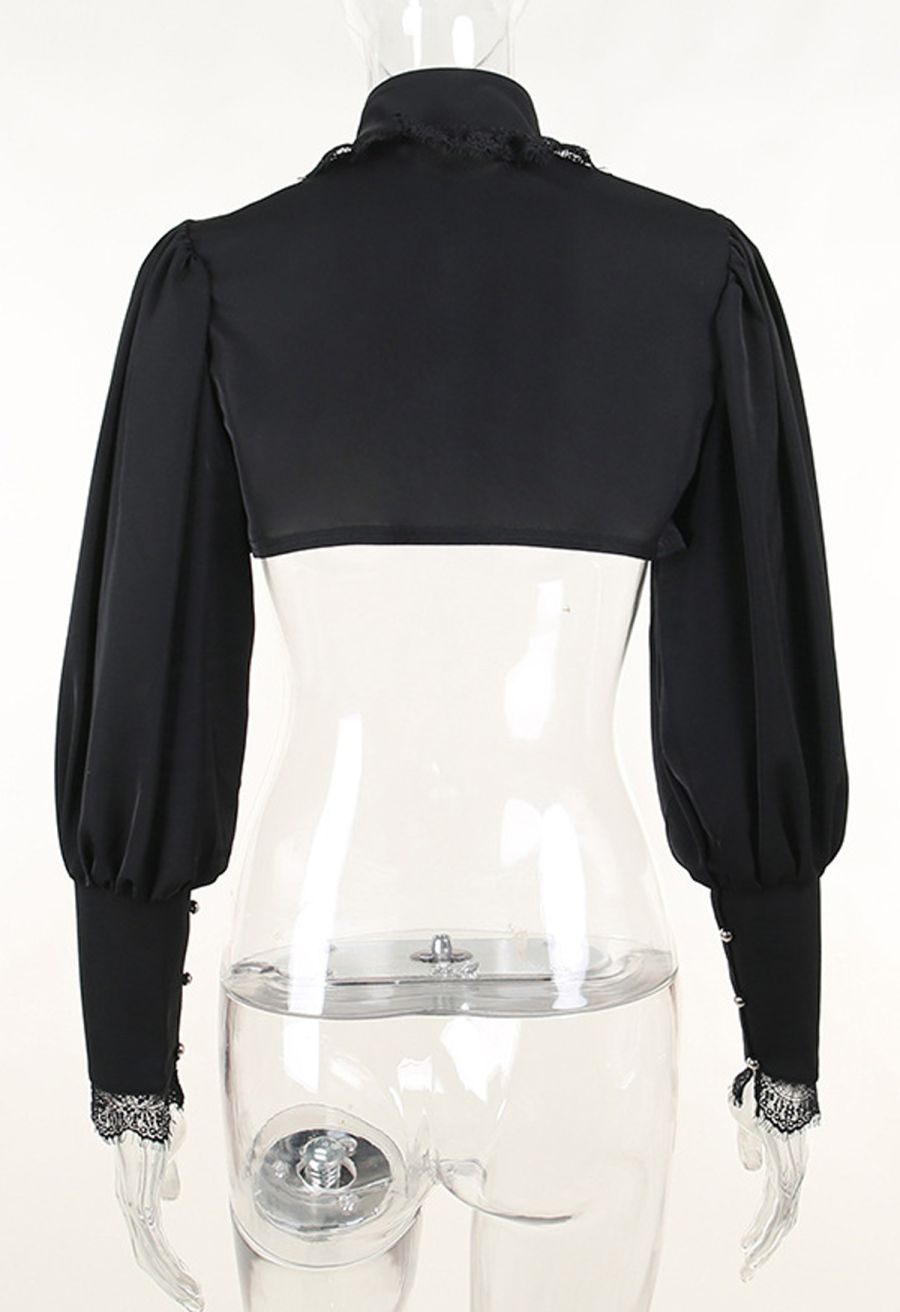 Lace-Trimmed Puff Sleeve Gothic Shrug Top