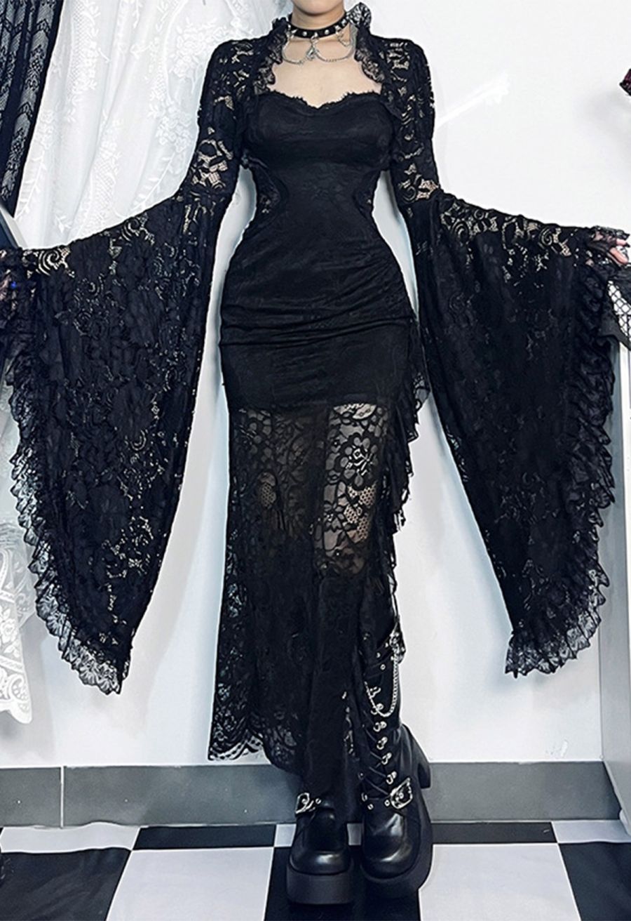 Dark Lace Flared Sleeve Shrug Crop Top