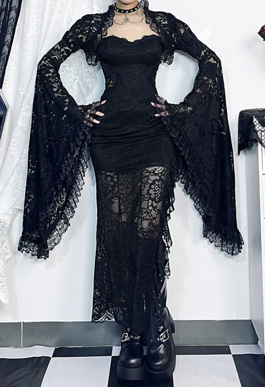 Dark Lace Flared Sleeve Shrug Crop Top