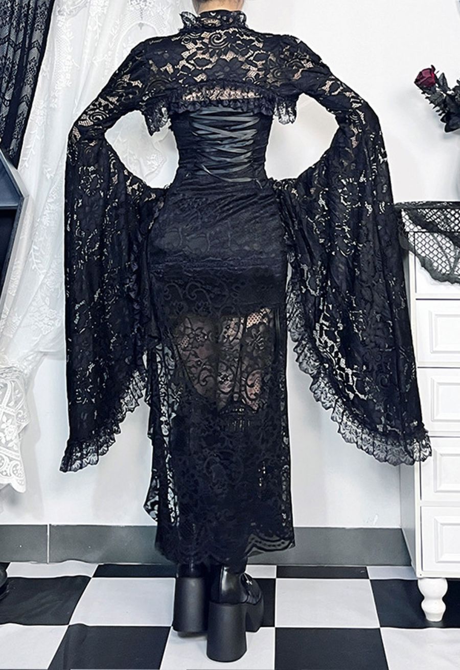 Dark Lace Flared Sleeve Shrug Crop Top