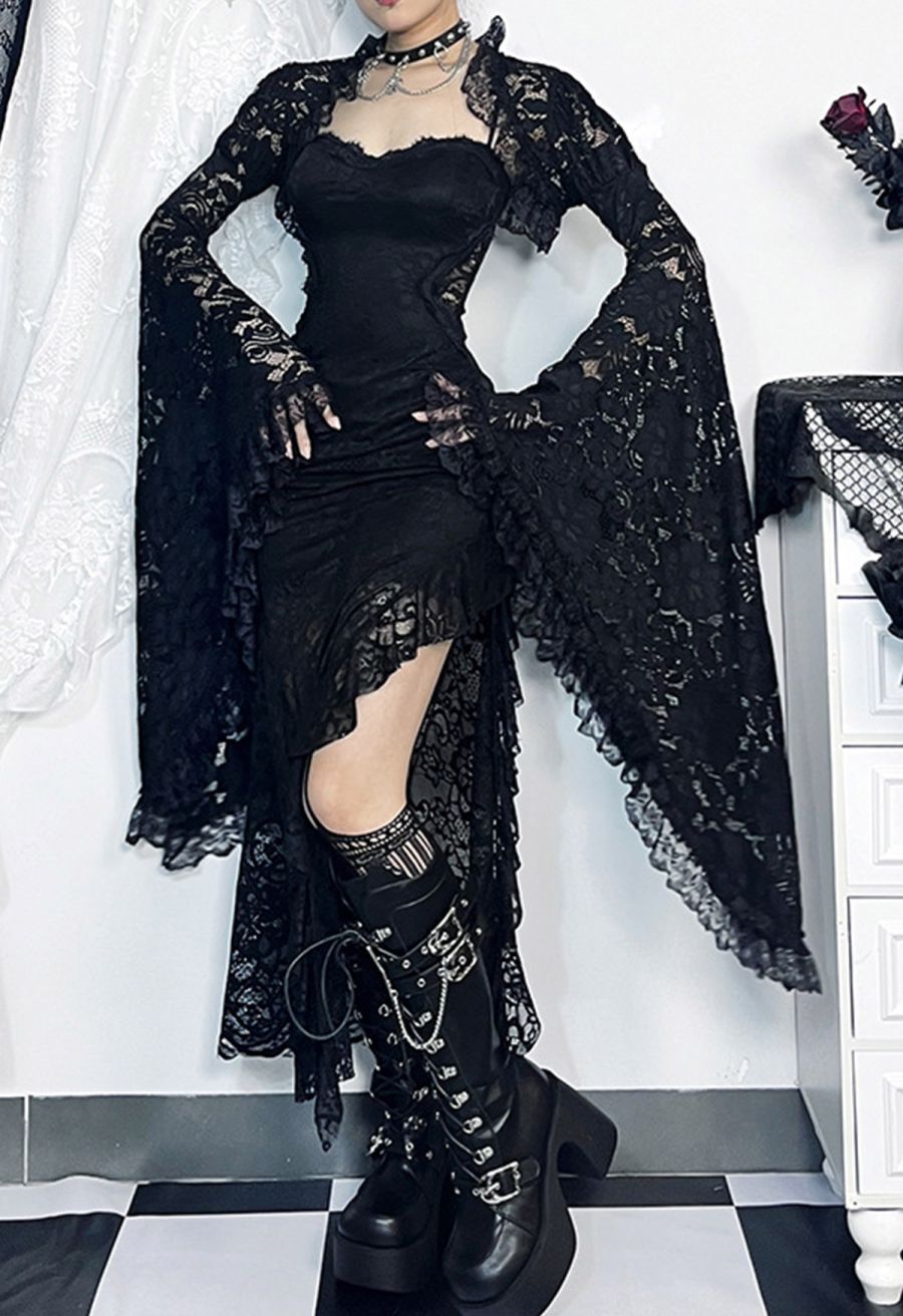 Dark Lace Flared Sleeve Shrug Crop Top