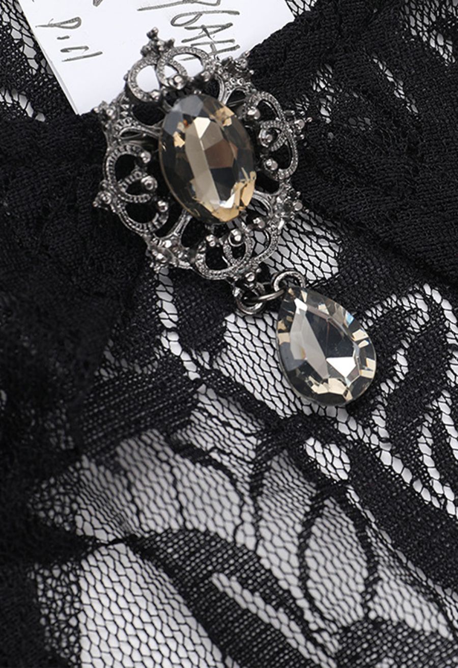 Rhinestone Brooch Rose Lace Flare Sleeve Shrug Crop Top