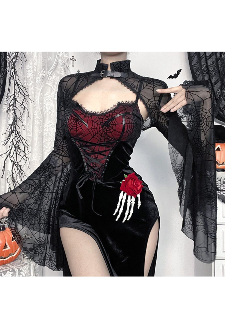 Dramatic Flare Sleeve Spider Web Mesh Shrug Crop Top
