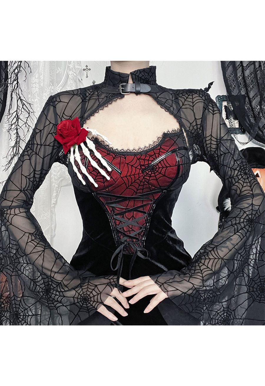 Dramatic Flare Sleeve Spider Web Mesh Shrug Crop Top