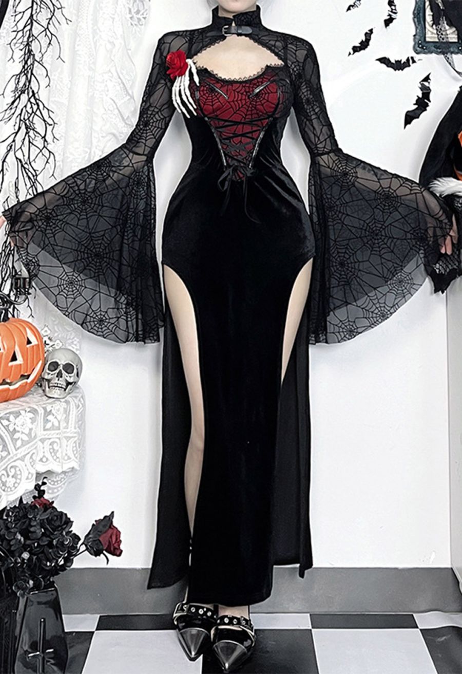 Dramatic Flare Sleeve Spider Web Mesh Shrug Crop Top