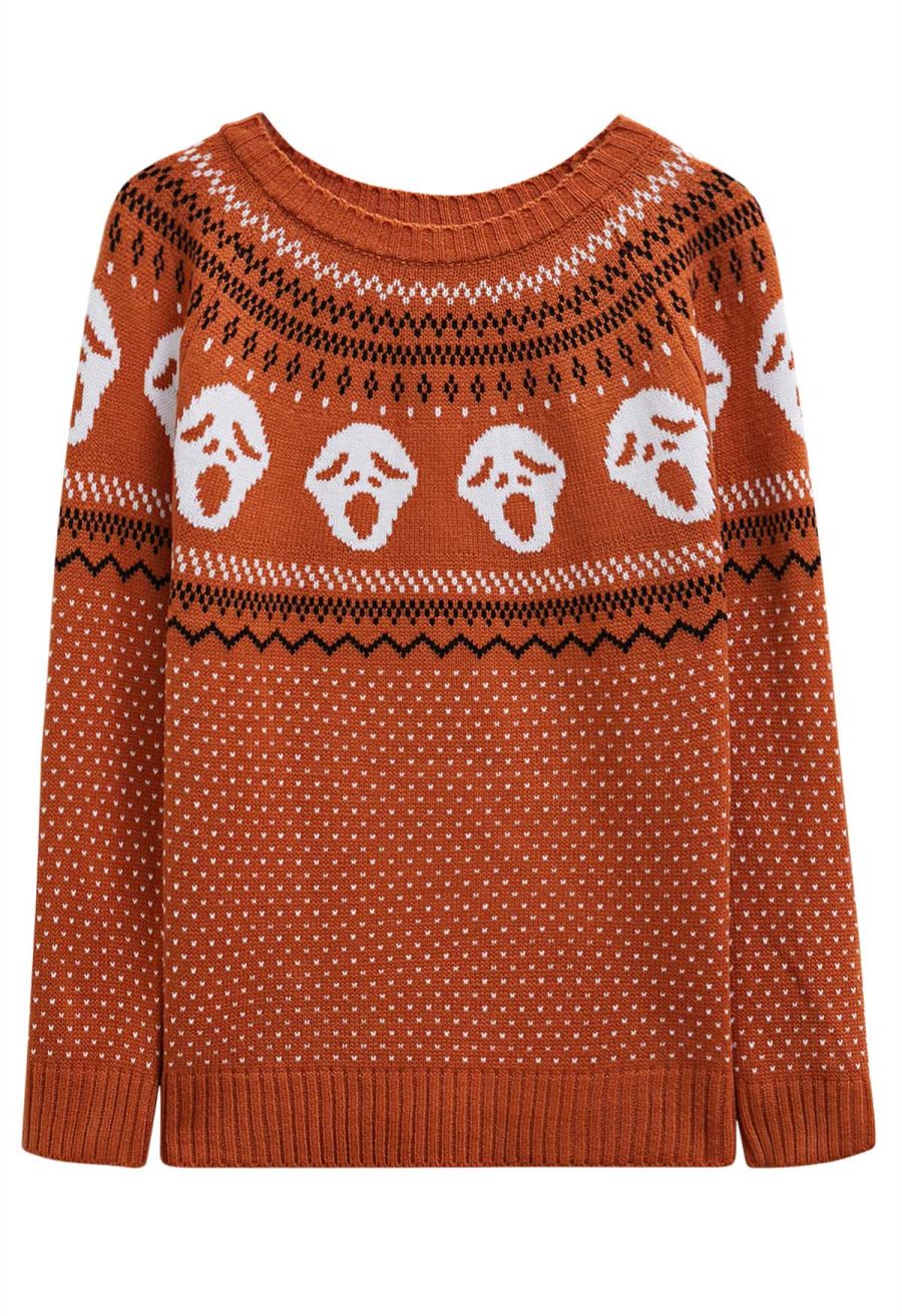 Ghoulish Skull Fair Isle Knit Sweater in Orange