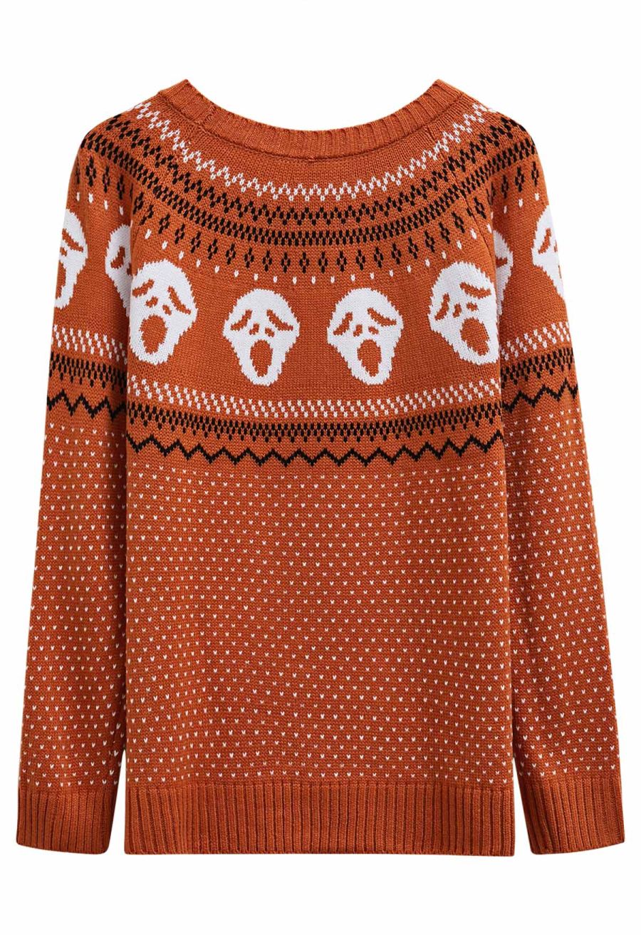 Ghoulish Skull Fair Isle Knit Sweater in Orange