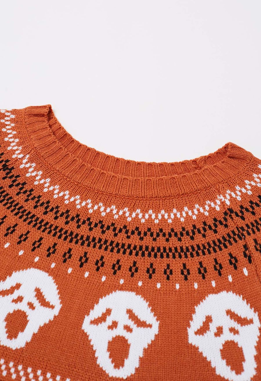 Ghoulish Skull Fair Isle Knit Sweater in Orange
